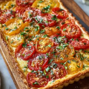 A rectangular tomato tart topped with alternating red and yellow tomato slices, baked to a golden crust, garnished with parsley and parmesan.