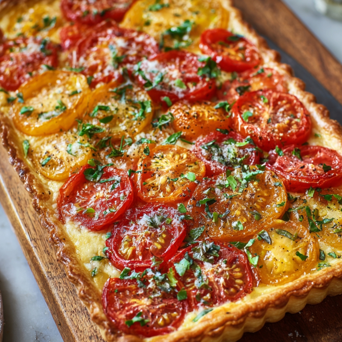 A rectangular tomato tart topped with alternating red and yellow tomato slices, baked to a golden crust, garnished with parsley and parmesan.