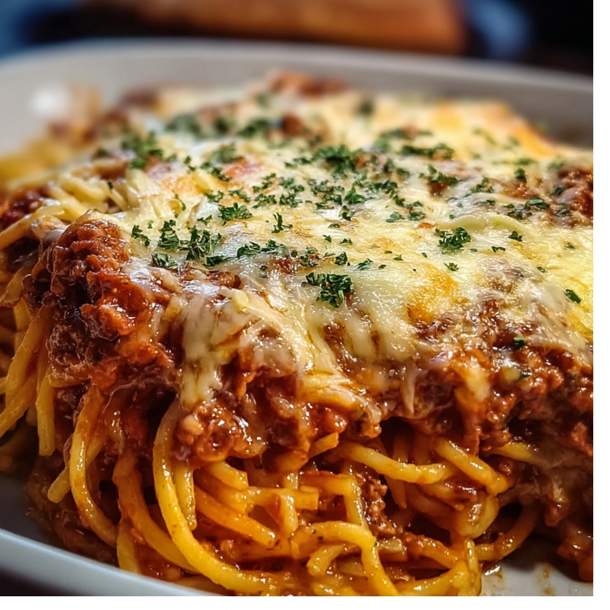 A close-up of a serving of baked spaghetti recipe topped with melted cheese and garnished with chopped parsley on a white plate.