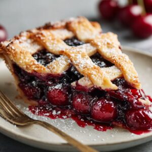 A slice of baked cherry pie with a golden, sugar-dusted lattice crust and juicy red filling oozing onto the plate, served with a fork on the side.