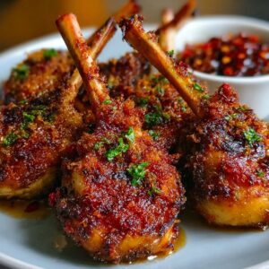 Finished chicken lollipops recipe served on a plate, garnished with chopped herbs and accompanied by a dipping sauce.
