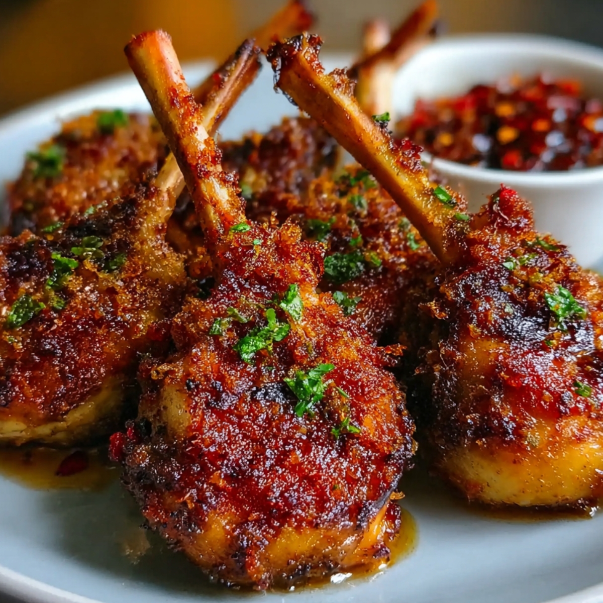 Finished chicken lollipops recipe served on a plate, garnished with chopped herbs and accompanied by a dipping sauce.
