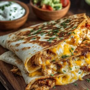 "Stacked cheesy chicken quesadilla recipe with melted cheese oozing out, topped with parsley, and served with guacamole and sour cream."