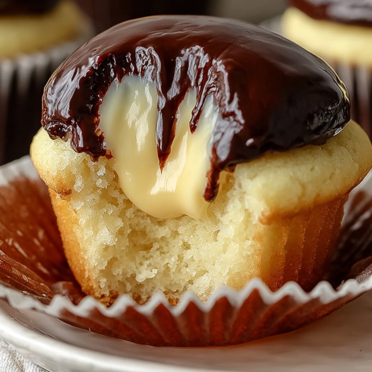 "A vanilla cream cupcakes with a creamy filling and glossy chocolate topping, bitten into to reveal the rich custard-like center."