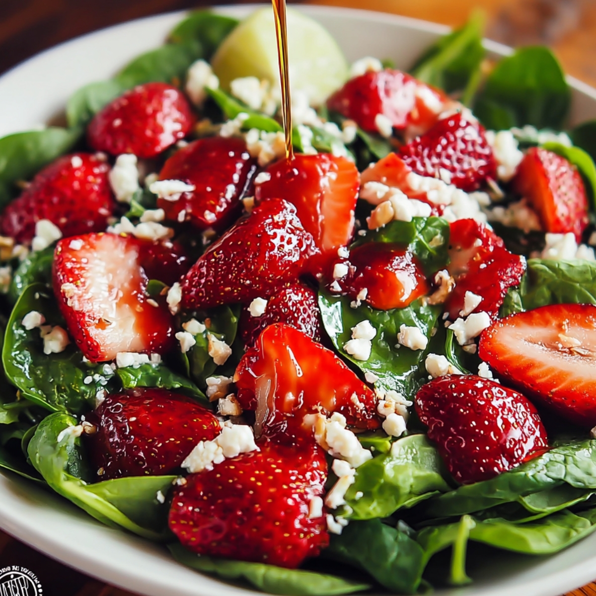 "A colorful strawberry spinach salad being drizzled with balsamic dressing, topped with crumbled cheese and vibrant fresh strawberries."