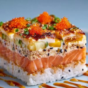 A close-up of a neatly cut square portion of sushi bake. Visible layers of rice, salmon, cucumber, cream cheese, sesame seeds, tobiko, and sauces, topped with green onions and drizzled with eel sauce.