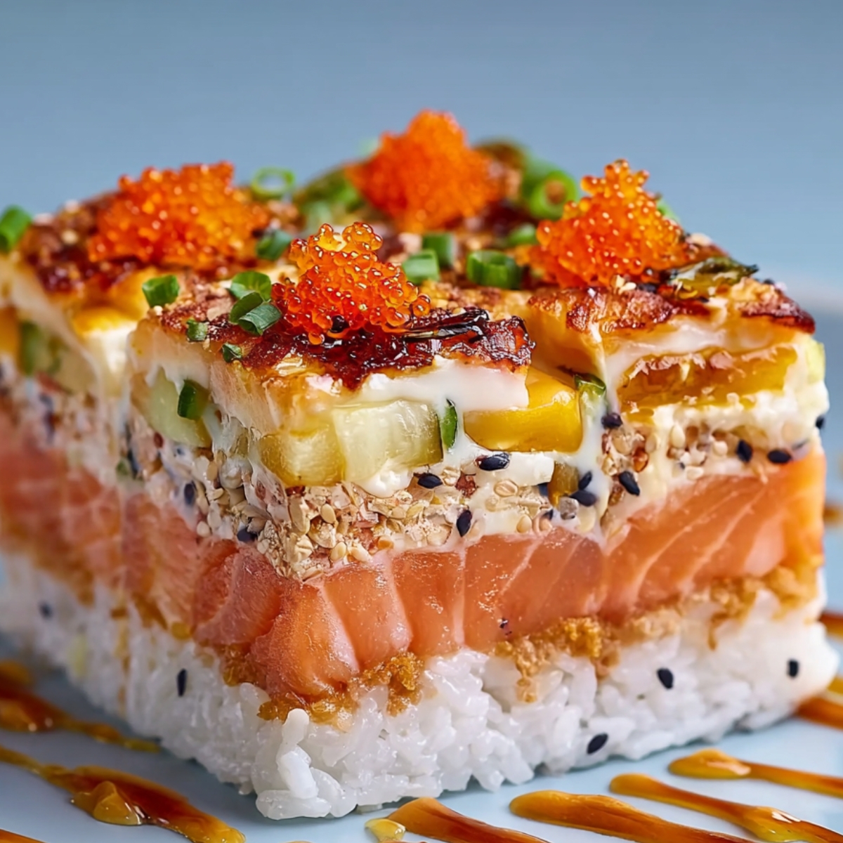 A close-up of a neatly cut square portion of sushi bake. Visible layers of rice, salmon, cucumber, cream cheese, sesame seeds, tobiko, and sauces, topped with green onions and drizzled with eel sauce.
