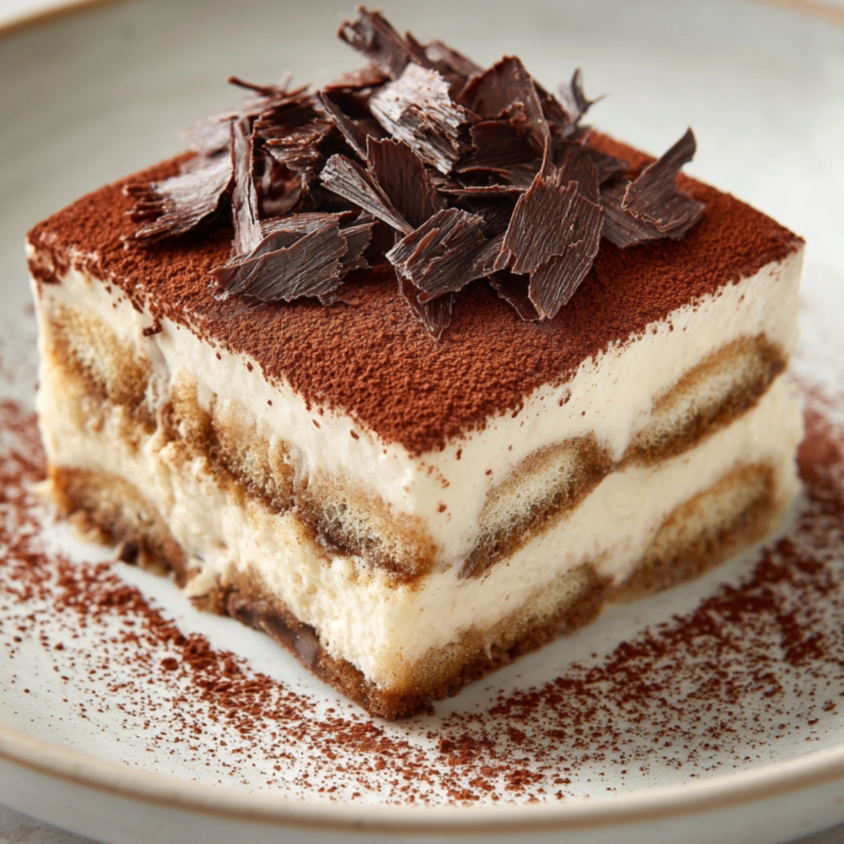 Various types of Italian Tiramisu and cocoa powder in bowls and bars arranged on a white marble surface.