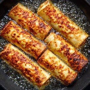 Golden brown chicken flautas frying in hot oil inside a skillet, bubbling with crisp texture forming on the tortilla wraps.
