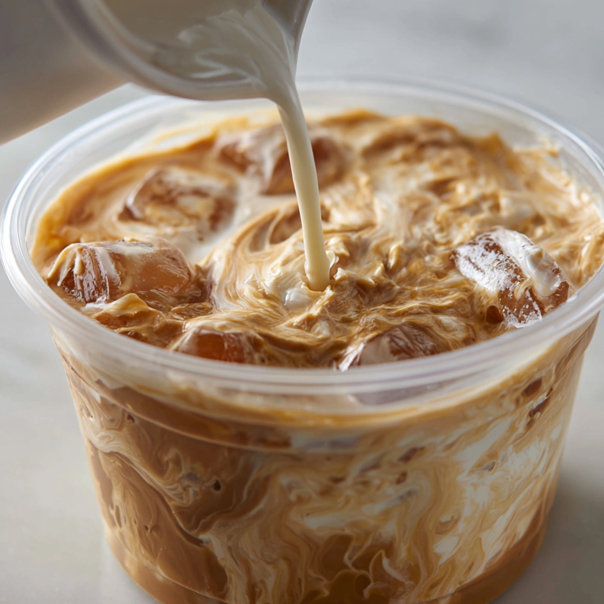 A plastic cup of iced coffee with swirling cream being poured in, mixing with the coffee and ice cubes.