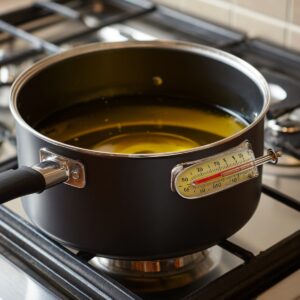 A deep pot filled with hot oil heating on a stovetop, with a thermometer clipped to the side reading 350°F.