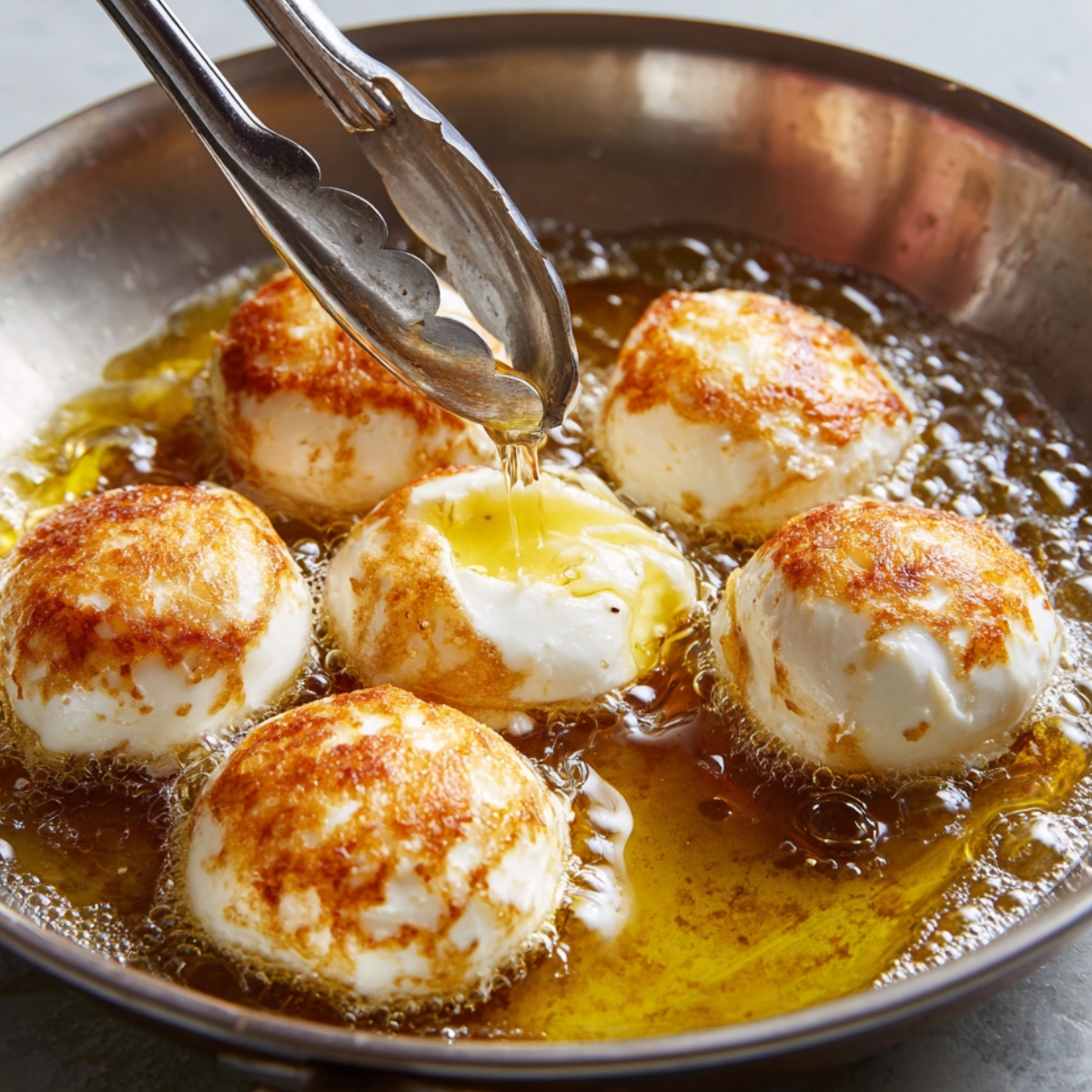 Several balls of burrata frying in hot oil, with golden brown crusts forming as tongs lower one piece in.