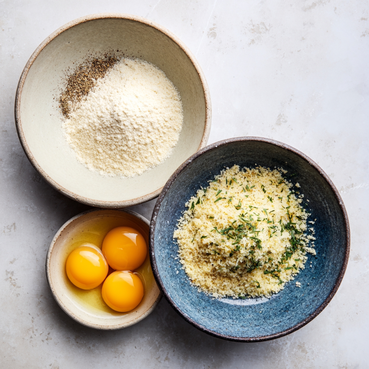 Three small bowls with ingredients: seasoned flour, beaten eggs, and herbed breadcrumbs for breading burrata.