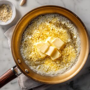 Melted butter with minced garlic sizzling in a golden pan on a marble surface, with butter cubes partially melted.