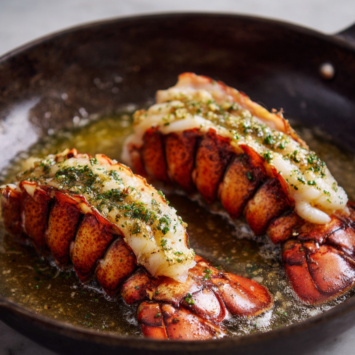 Two lobster tails cooking in a skillet, coated in bubbling garlic butter and garnished with chopped herbs.