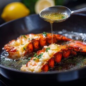 Close-up of lobster tails in a skillet being basted with melted garlic butter using a spoon, with a lemon in the background.