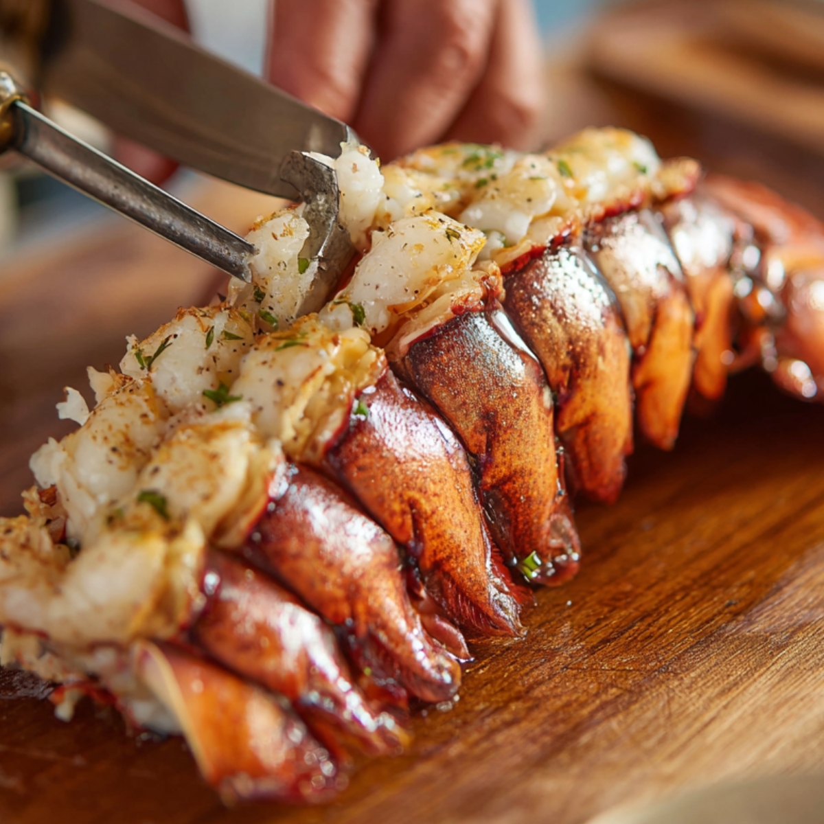 A hand using kitchen scissors to butterfly lobster tails on a wooden cutting board, with seasoned meat exposed.
