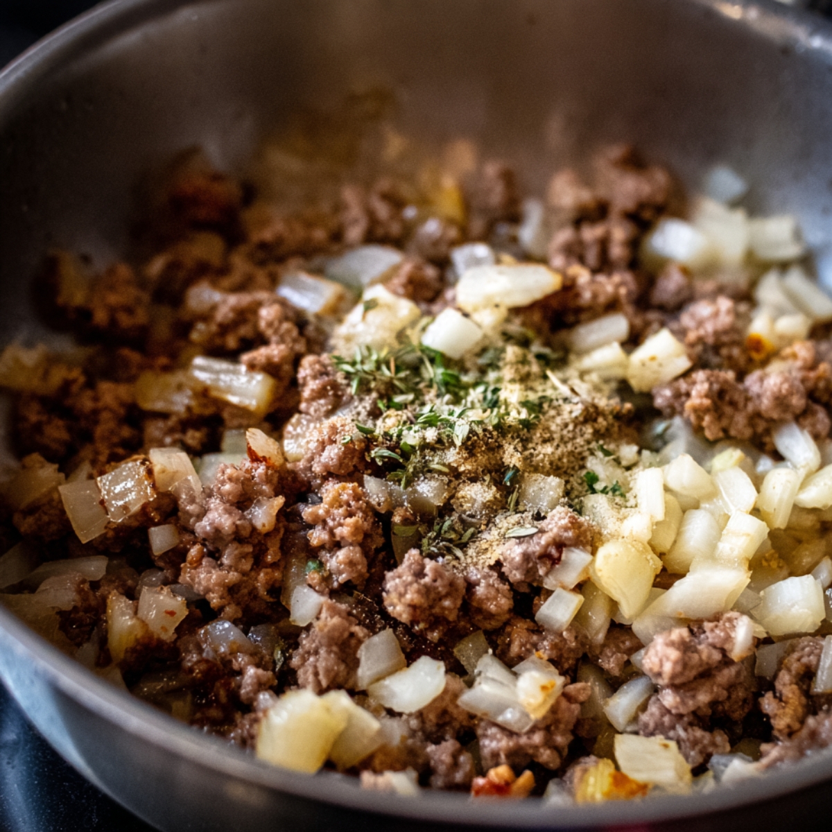 Ground beef and onions cooking in a skillet with herbs and spices sprinkled on top.