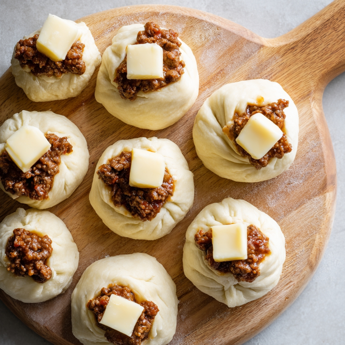 Raw dough balls filled with seasoned ground beef and topped with cheese cubes, placed on a wooden board before baking.