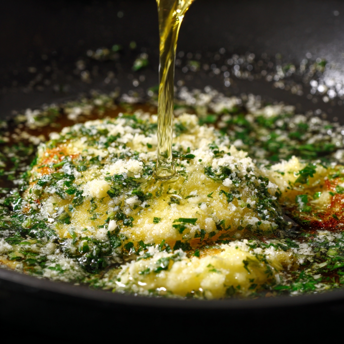 Garlic butter with herbs and grated parmesan sizzling in a skillet as oil is being poured in.