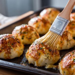 A tray of freshly baked cheeseburger bombs being brushed with melted garlic butter and herbs, giving them a shiny finish.