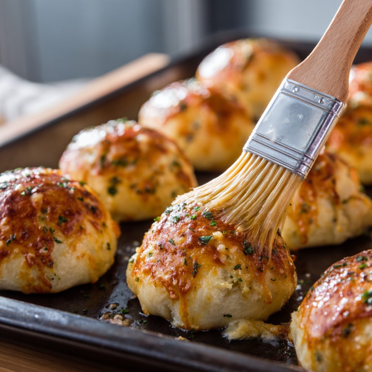 A tray of freshly baked cheeseburger bombs being brushed with melted garlic butter and herbs, giving them a shiny finish.