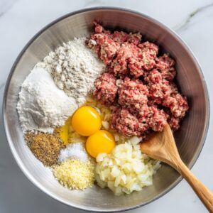 A metal mixing bowl containing raw ground beef, two egg yolks, flour, diced onions, shredded cheese, black pepper, salt, and seasonings, ready to be mixed for meatloaf.