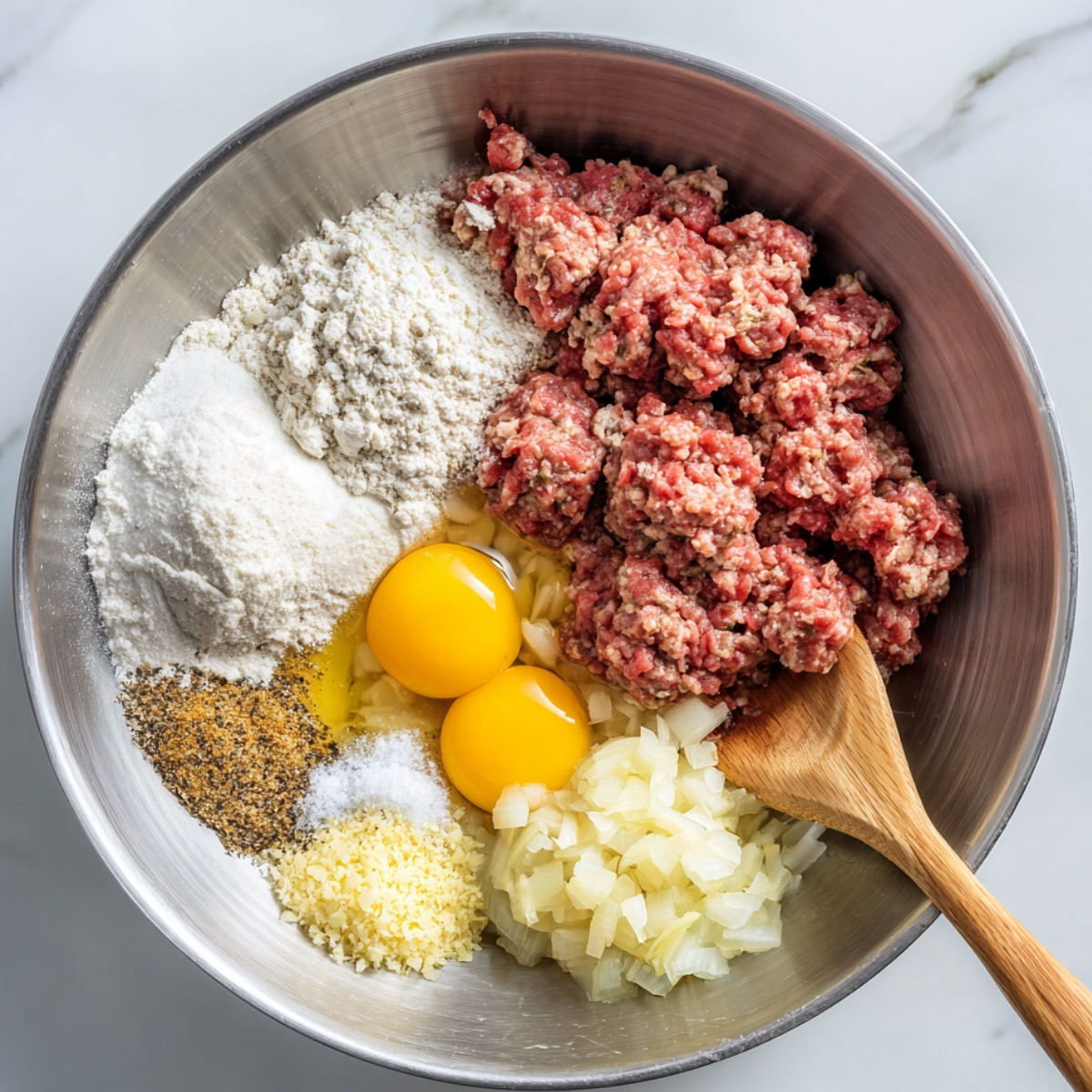 A metal mixing bowl containing raw ground beef, two egg yolks, flour, diced onions, shredded cheese, black pepper, salt, and seasonings, ready to be mixed for meatloaf.