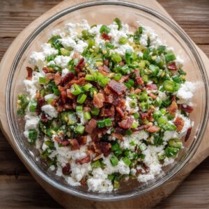 A glass bowl filled with crumbled white cheese, crispy bacon pieces, and chopped green peppers and green onions, suggesting a stuffing or topping mix.