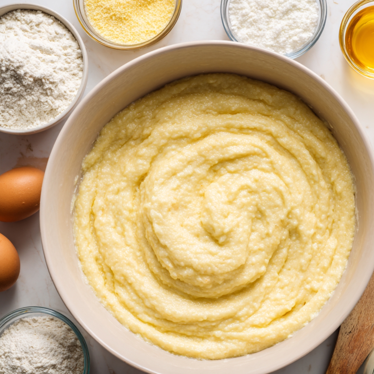 A bowl of smooth cake batter with ingredients like flour, cornmeal, and eggs scattered around. The creamy texture of the batter swirls in the large mixing bowl, indicating it's ready for baking.
