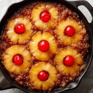 A golden-brown Pineapple Upside Down Cake fresh from the oven, showcasing rings of pineapple slices topped with red maraschino cherries, arranged in a circular pattern. The cake is cooked in a cast iron skillet, giving it a rustic look.