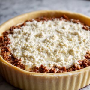 An unbaked savory tart filled with ground meat sauce and topped with ricotta or cottage cheese inside a pastry crust.