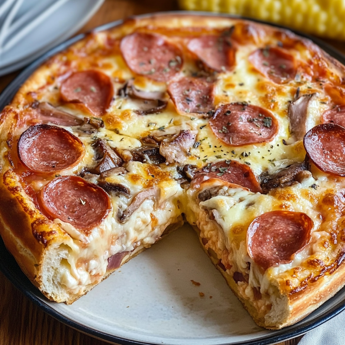 A baked pepperoni pizza with melted cheese, mushrooms, and herbs, served on a round plate with one slice removed.