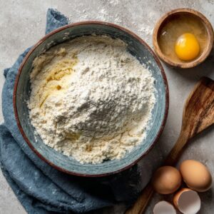 A bowl of flour on a blue cloth with a wooden spatula, next to a small bowl holding an egg yolk and cracked eggshells.