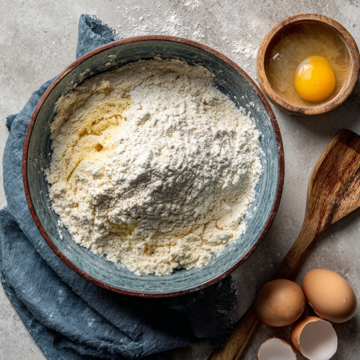 A bowl of flour on a blue cloth with a wooden spatula, next to a small bowl holding an egg yolk and cracked eggshells.