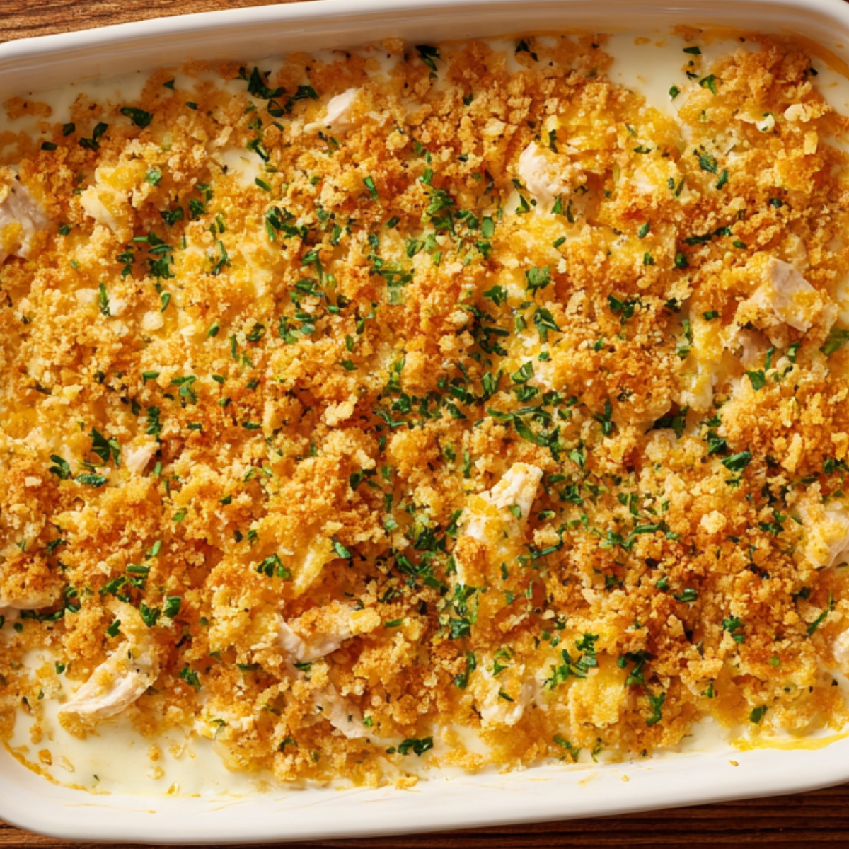 Golden-baked poppy seed chicken casserole in a white dish, topped with crispy cracker crumbs and fresh parsley.