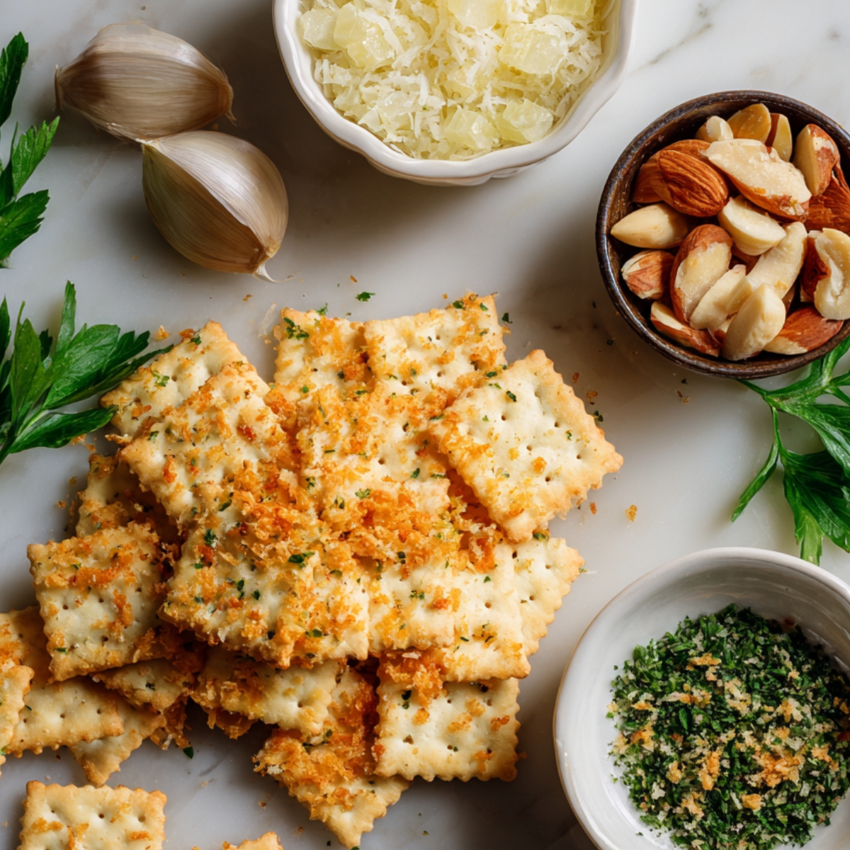 Ingredients on a marble surface including square butter crackers with crumbs, grated cheese, garlic, parsley, almonds, and a bowl of herbs.