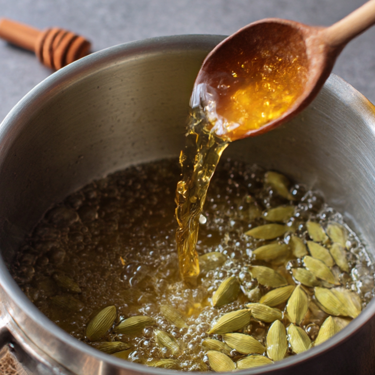 A wooden spoon is pouring a golden liquid into a pan with cardamom seeds floating in hot oil, with bubbles rising.