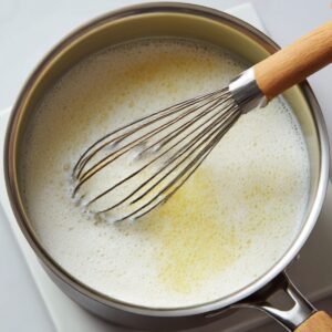 A metal saucepan with a whisk stirring the contents of milk that is frothing over heat.