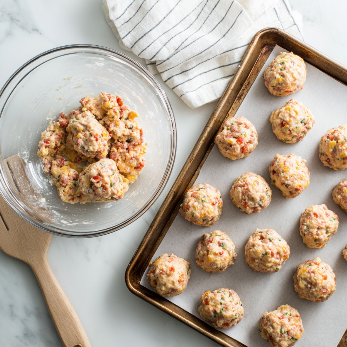 Unbaked Rotel cream cheese sausage balls on a parchment-lined baking tray, with a glass bowl of freshly mixed sausage ball dough next to it on a marble countertop.