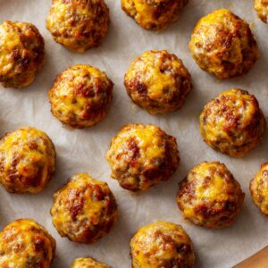 Golden-brown baked Rotel cream cheese sausage balls arranged neatly on a parchment-lined baking sheet. The tops are slightly crisp with melted cheese visibly baked in.