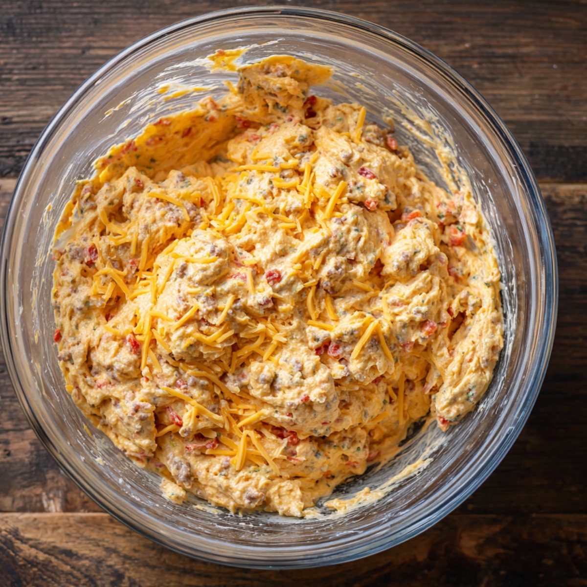 A large glass mixing bowl filled with uncooked sausage ball mixture, showing visible bits of cheddar cheese, sausage, and diced Rotel tomatoes in a creamy base.