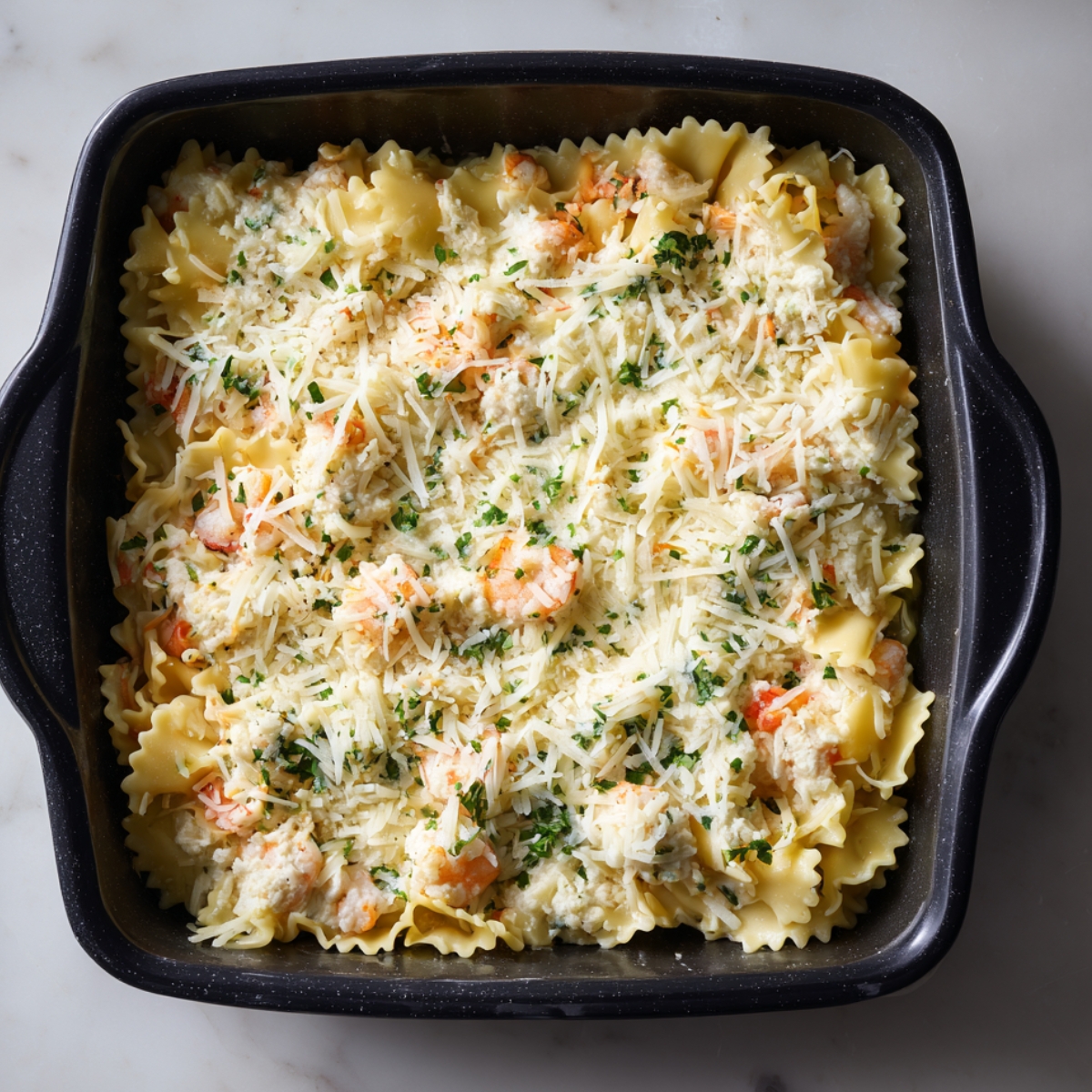 Unbaked white seafood lasagna in a square black baking dish, layered with cooked shrimp, lasagna noodles, shredded cheese, and a creamy sauce with herbs.