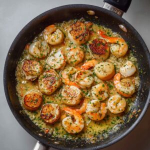 Sautéed shrimp and scallops in a skillet with garlic butter sauce and chopped parsley, seared to a golden brown.