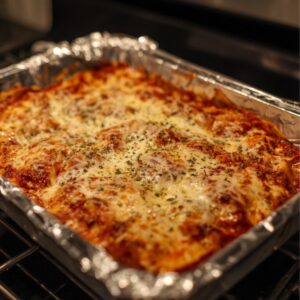 Freshly baked seafood lasagna in a foil-lined baking dish, topped with melted golden cheese and sprinkled herbs, just taken out of the oven.