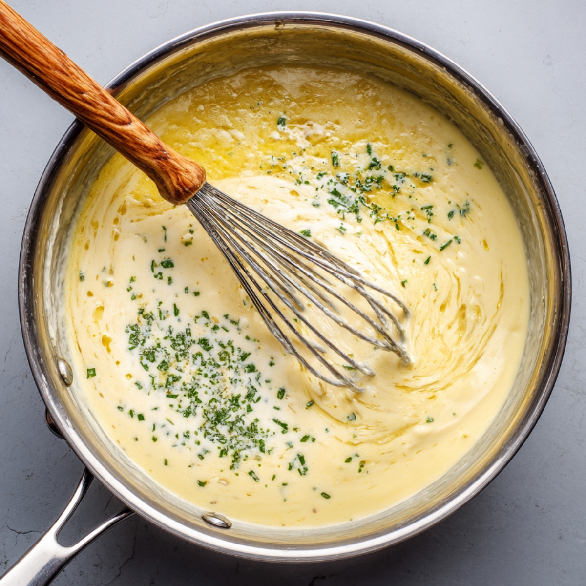 Creamy garlic cheese sauce being whisked in a saucepan, sprinkled with fresh chopped herbs.