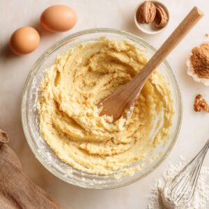 A bowl of sticky toffee pudding batter being mixed with a wooden spoon, surrounded by eggs, flour, spices, and nuts on a marble countertop.