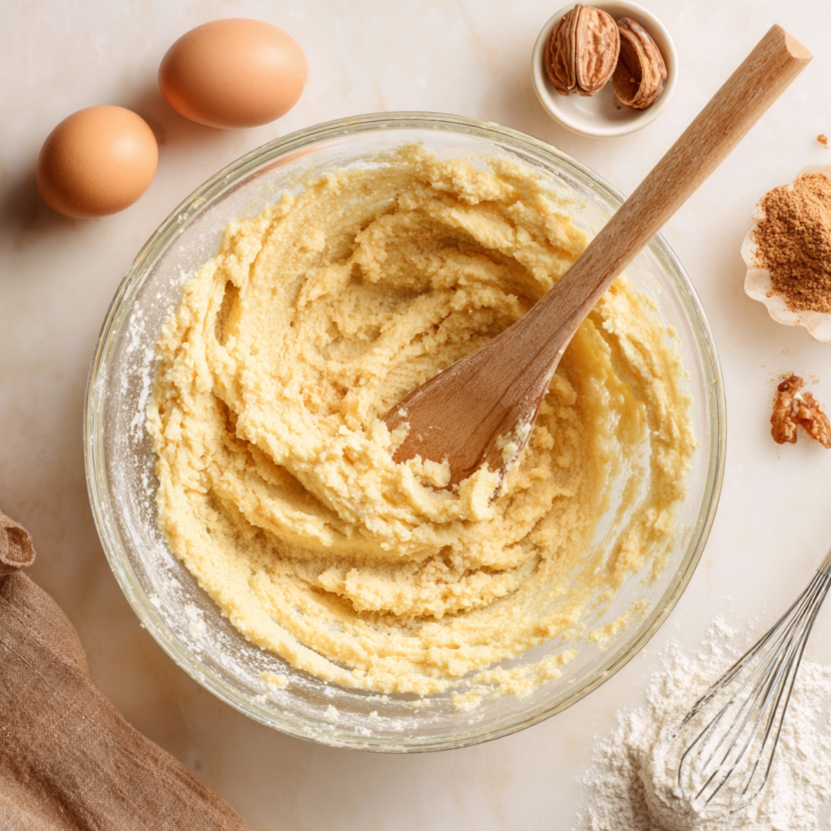 A bowl of sticky toffee pudding batter being mixed with a wooden spoon, surrounded by eggs, flour, spices, and nuts on a marble countertop.
