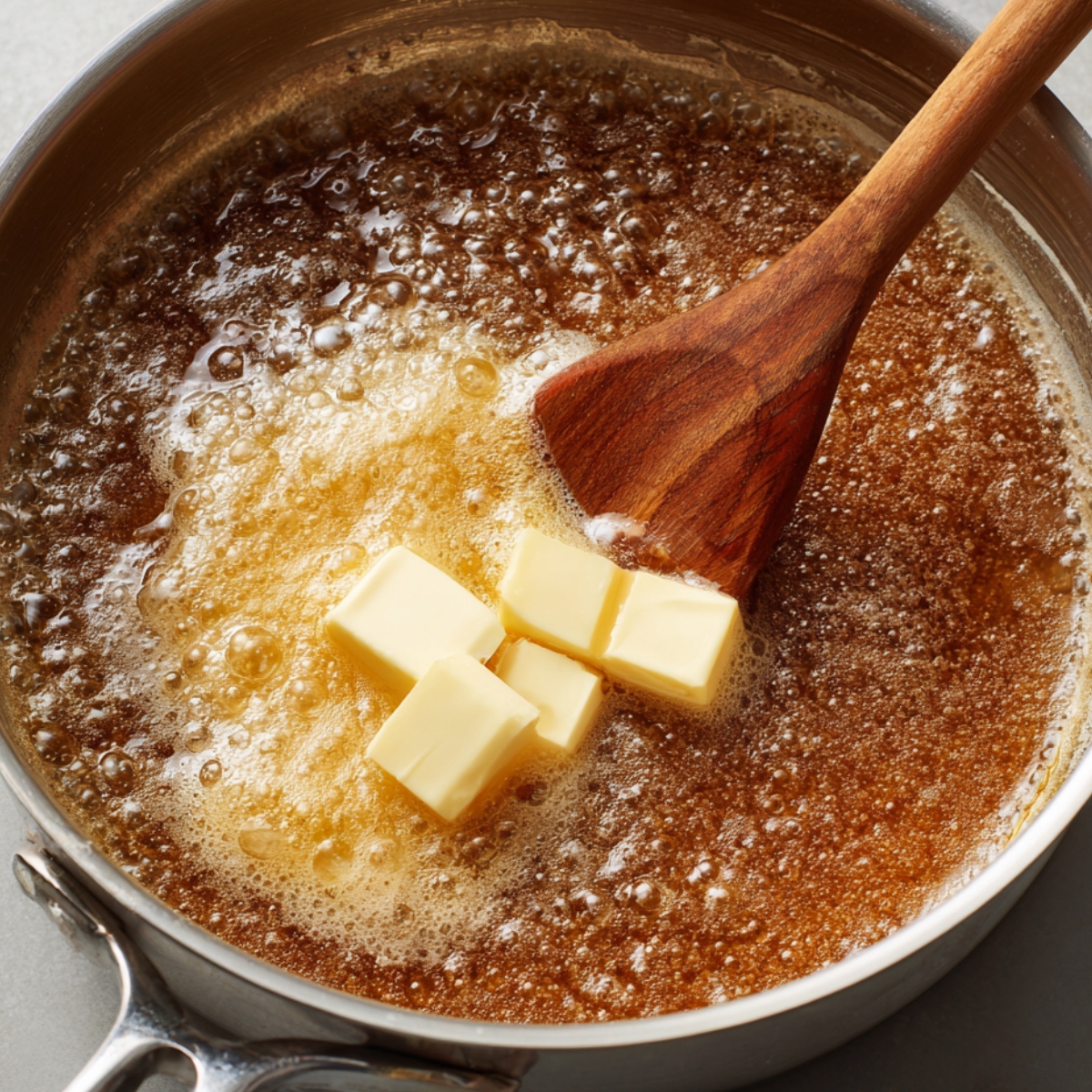 Cubes of butter melting in bubbling brown sugar in a saucepan, stirred with a wooden spoon, showing the beginning of making toffee sauce.