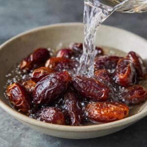 Whole dates being soaked in hot water in a shallow bowl, an essential step in softening them for sticky toffee pudding.